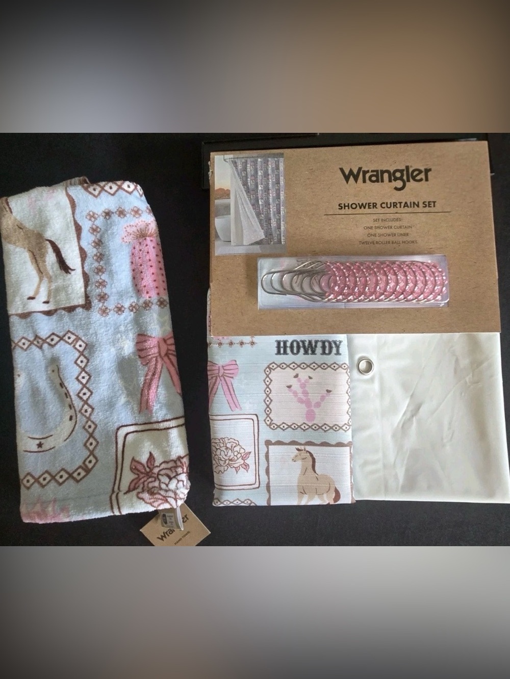 NEW Wrangler Western Shower Curtain & 1 Bath Towel Set Cowgirl Pink Howdy Horse